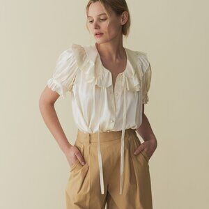 NWT DOEN Beige Silk Satin KELELA Ruffled Tie Front Shirt Top XS